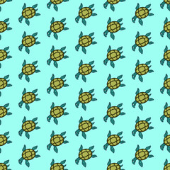 Obraz premium Vector seamless pattern with turtle. Creative design with color turtles on the color background. Vector illustration. Textile pattern, print pattern. Wrapping-paper with tortoise