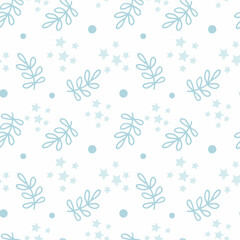 Winter Seamless Pattern. Christmas print. Tree branch, stars and balloons. Pastel palette.