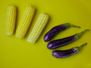 Corn and eggplant isolated on a yellow background. for the concept of healthy food and vegetables. flat lay look