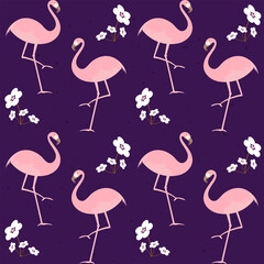 Obraz premium Repeat-less Flamingo And Flowers Decorated On Purple Background.