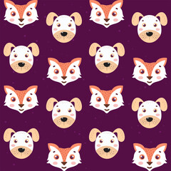 Cartoon Dog And Fox Face Pattern On Purple Background.