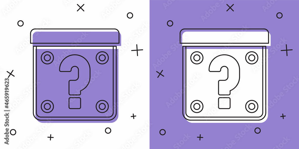 Poster set mystery box or random loot box for games icon isolated on white and purple background. question 