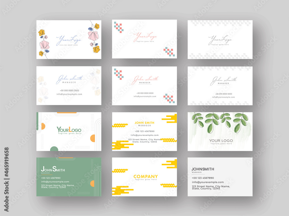 Poster set of horizontal business card template in front and back view.