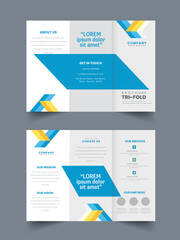 Front And Back Presentation Of Tri-Fold Brochure Template Layout In Blue And White Color.