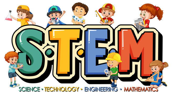 STEM education logo with many children cartoon character