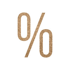 Bronze gold glitter illustration, a percent symbol. Holiday glowing texture isolated on white background.