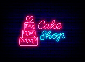 Fototapeta na wymiar Cake shop neon emblem on brick wall. Sweet bar. One line drawing. Isolated vector stock illustration