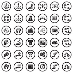 Money Transaction Icons. Black Flat Design In Circle. Vector Illustration.