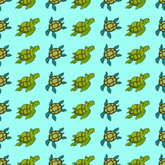 Vector seamless pattern with turtle. Creative design with color turtles on the color background. Vector illustration. Textile pattern, print pattern. Wrapping-paper with tortoise