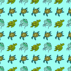 Vector seamless pattern with sea fish and animals. Creative design with color sea animals on the color background. Vector illustration. Textile pattern, print pattern. wrapping-paper with sea animal

