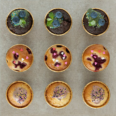 Neatly arranged three flavor of muffins