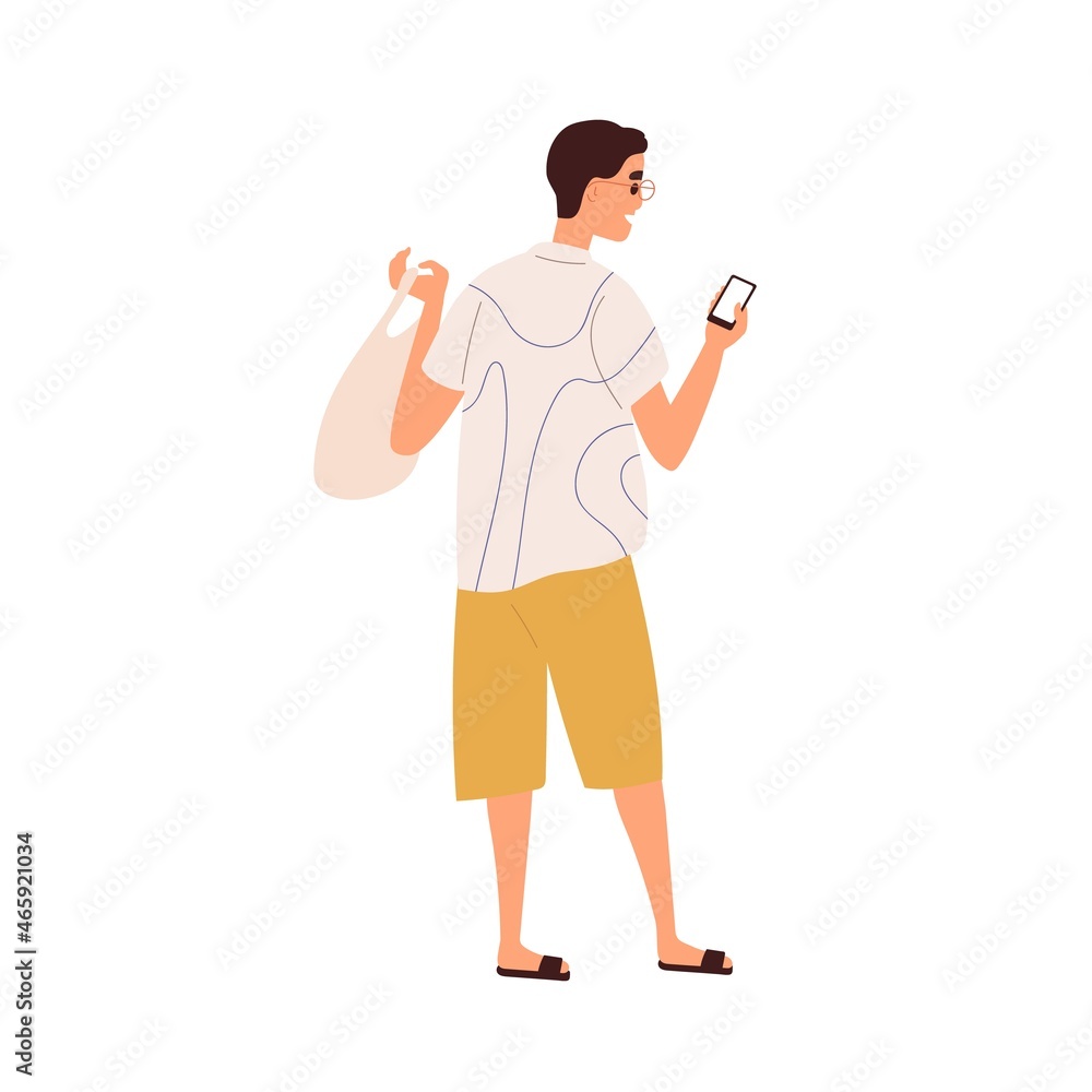 Poster Man walking and holding mobile phone. Person using internet on smartphone on the go. Guy hold telephone, looking at cellphone screen and texting. Flat vector illustration isolated on white background