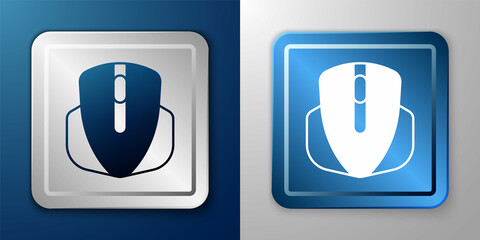 White Computer mouse gaming icon isolated on blue and grey background. Optical with wheel symbol. Silver and blue square button. Vector