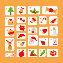 Christmas Advent Calendar With Festival Elements On Yellow Background.