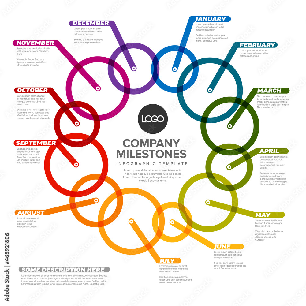 Poster infographic full year timeline template made from color circles in cycle
