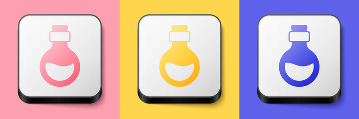 Isometric Glass bottle with magic elixir icon isolated on pink, yellow and blue background. Computer game asset. Square button. Vector