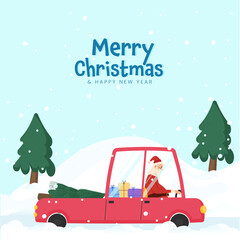 Merry Christmas And New Year Concept With Santa Claus Driving Pickup Truck Full Of Gift Boxes And Xmas Tree On Snowfall Blue Background.