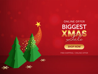 Fototapeta na wymiar Biggest Xmas Sale Poster Design With Green Paper Christmas Trees And Golden Snowflakes On Red Background.