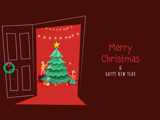 Merry Christmas And New Year Concept With Kids Decorating Xmas Tree In Interior View On Dark Red Background.