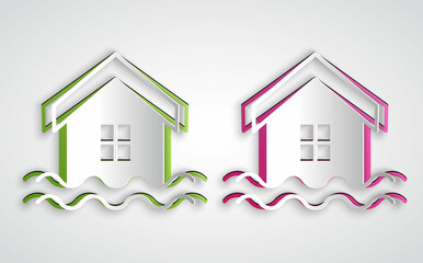 Paper cut House flood icon isolated on grey background. Home flooding under water. Insurance concept. Security, safety, protection, protect concept. Paper art style. Vector