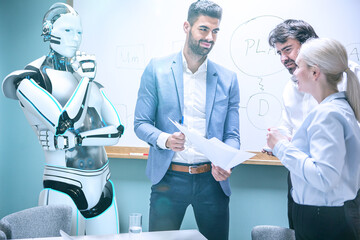 Businessmen with humanoid robot project development