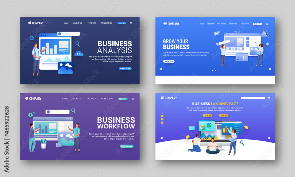 Poster responsive web banner or landing page set for business concept.