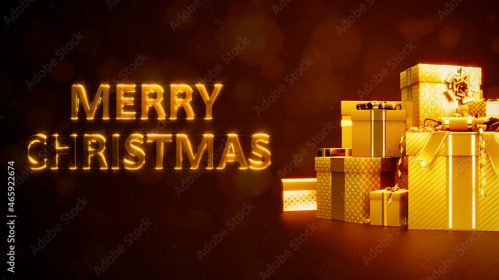 Poster golden presents pile with text and empty place - object 3D illustration