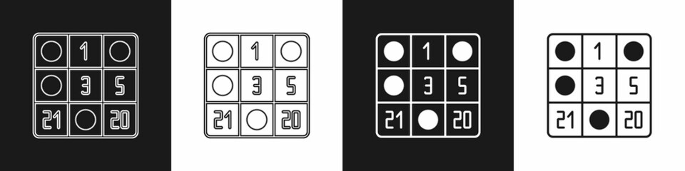 Set Bingo card with lucky numbers icon isolated on black and white background. Vector