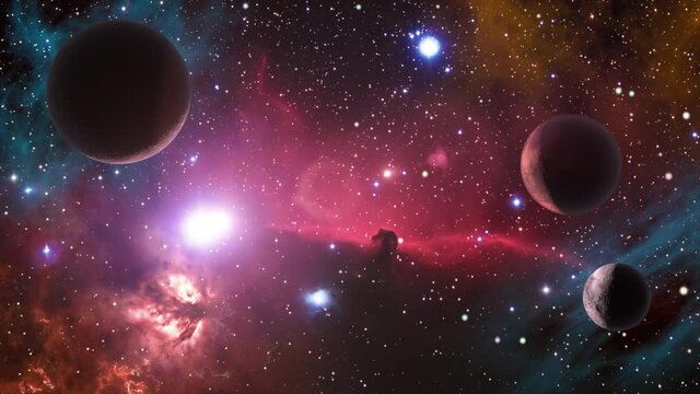 Space background slowly moving through universe among planets galaxies stars and nebulae
