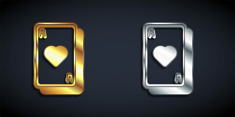 Gold and silver Playing cards icon isolated on black background. Casino gambling. Long shadow style. Vector