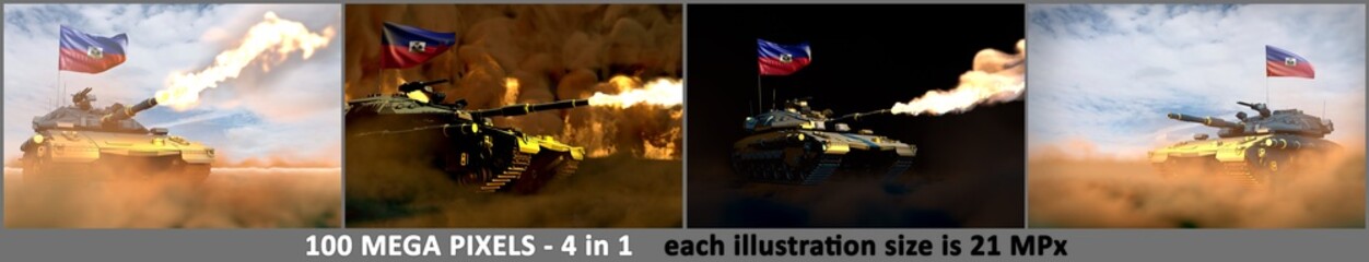 4 very high resolution pictures of heavy tank with not existing design and with Haiti flag - Haiti army concept, military 3D Illustration