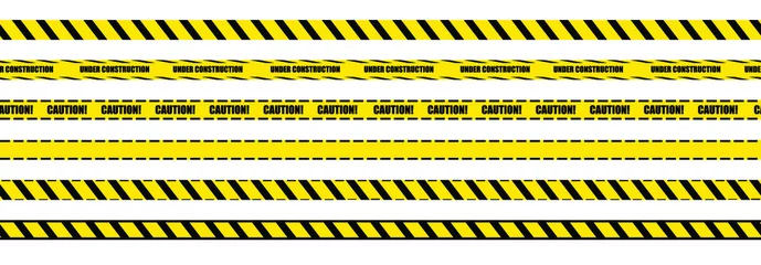 Fotobehang Vector Set of Warning Tapes, Seamless Stripes, Black and Yellow Bright Lines, Borders Isolated on White Background. © Nikita