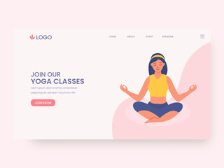 Yoga Classes Landing Page Or Hero Banner With Young Girl Doing Meditation.