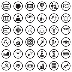 New Year Icons. Black Flat Design In Circle. Vector Illustration.