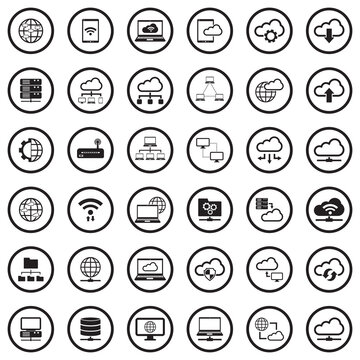 Network Cloud Icons. Black Flat Design In Circle. Vector Illustration.