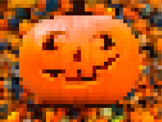 Halloween texture, pixel funny orange pumpkin. Greeting card for party and sale. Autumn holidays. Happy Helloween. Haloween vector drawing for presentation, magazines, fliers, banner, posters and card