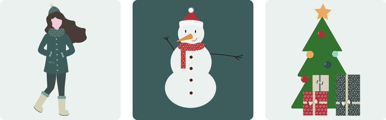 Snowman, christmas tree and a girl christmas set of vector illustration