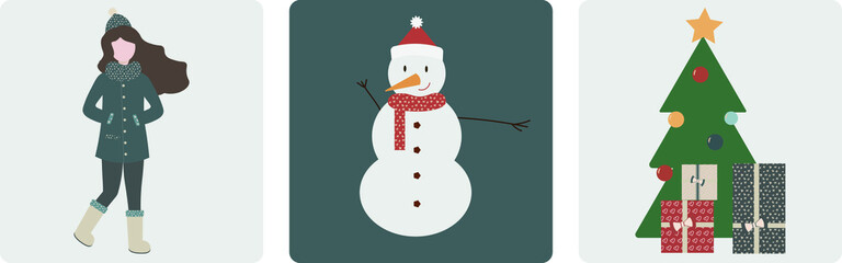 Snowman, christmas tree and a girl christmas set of vector illustration