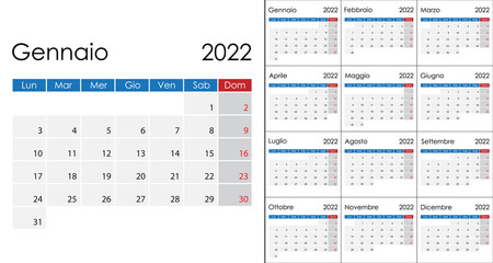 Simple Calendar 2022 on Italian language, week start on Monday.