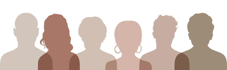 Multiethnic group of people. Silhouette profile group of men and women in earth tone color. Vector illustration.