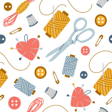 Colorful seamless pattern of sewing  tools for needlework on white background. Trendy hand drawn vector illustration.