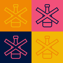 Pop art line No alcohol icon isolated on color background. Prohibiting alcohol beverages. Forbidden symbol with beer bottle glass. Vector