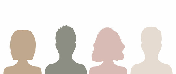 Multiethnic group of people. Silhouette profile group of men and women in earth tone color. Vector illustration.