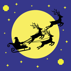 Santa Claus in a sleigh with three reindeer on the background of a starry sky and a huge moon.Vector illustration can be used in festive banners for Christmas and New Year, postcards.textiles.