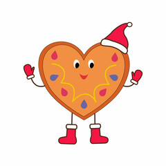 Illustration of cute cookies in Christmas mittens, boots and hat in doodle style. Vector illustration for decorating cards, posters, banners, printing on fabric, paper.