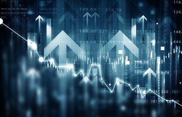 Stock market growth concept . Arrows with stock market graph background. 3d illustration.