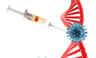   Covid vaccine vial dose drug needle syringe with DNA strain, coronavirus covid 19 vaccine reseach. 3d illustration. - obrazy, fototapety, plakaty