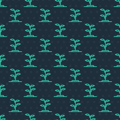 Green line Sprout icon isolated seamless pattern on blue background. Seed and seedling. Leaves sign. Leaf nature. Vector