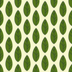 Seamless pattern from green leaves on a light background. Strict flat design. Natural motive. Printing on fabric, wrapping paper. Vector illustration