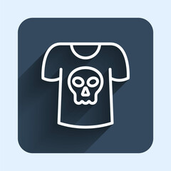 White line Shirt with skull icon isolated with long shadow background. Happy Halloween party. Blue square button. Vector